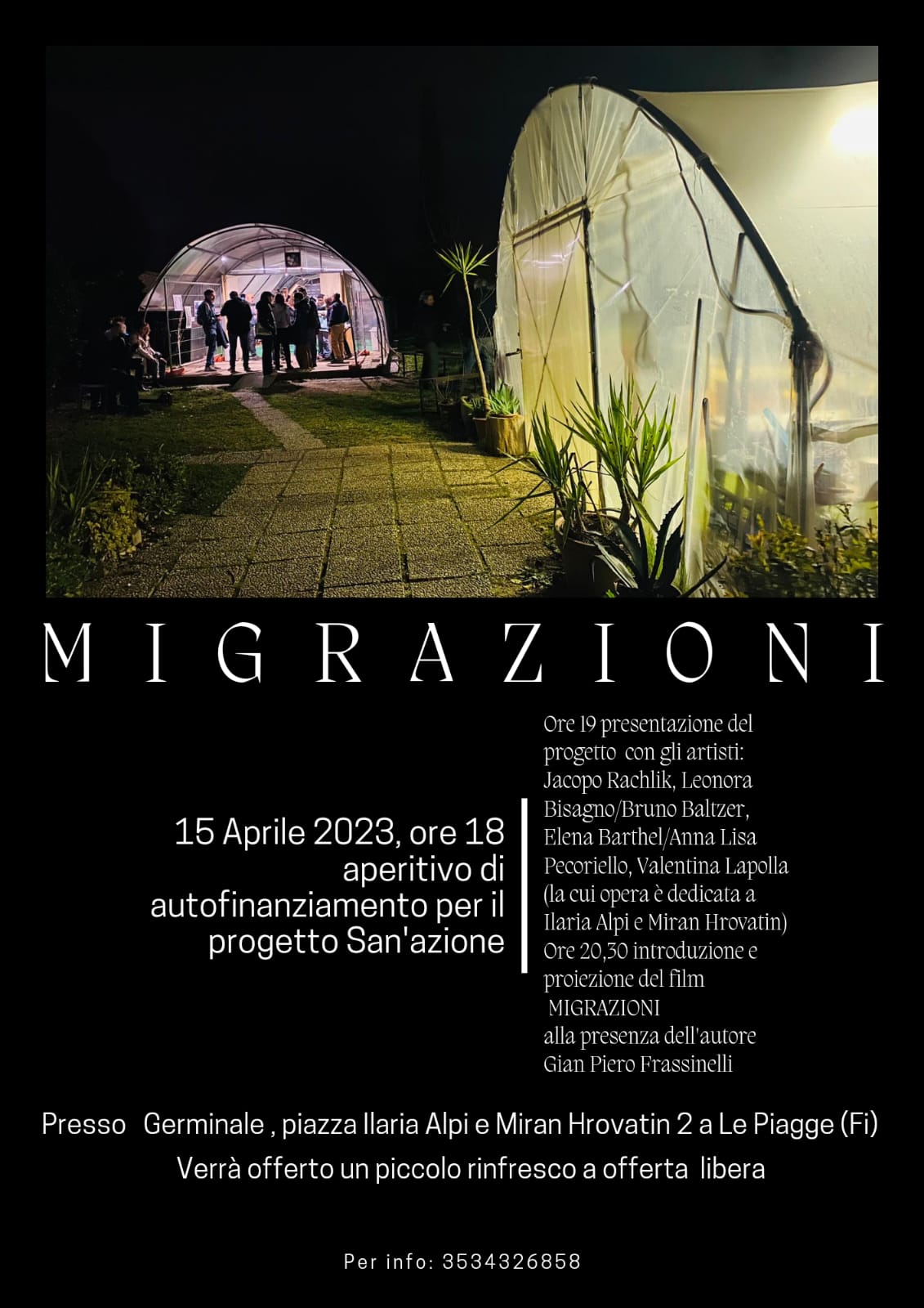 15 aprile dalle 18 aperitivo di autofinanziamento per il progetto culturale San’azione presso IL GERMINALE e proiezione del film MIGRAZIONI a seguire