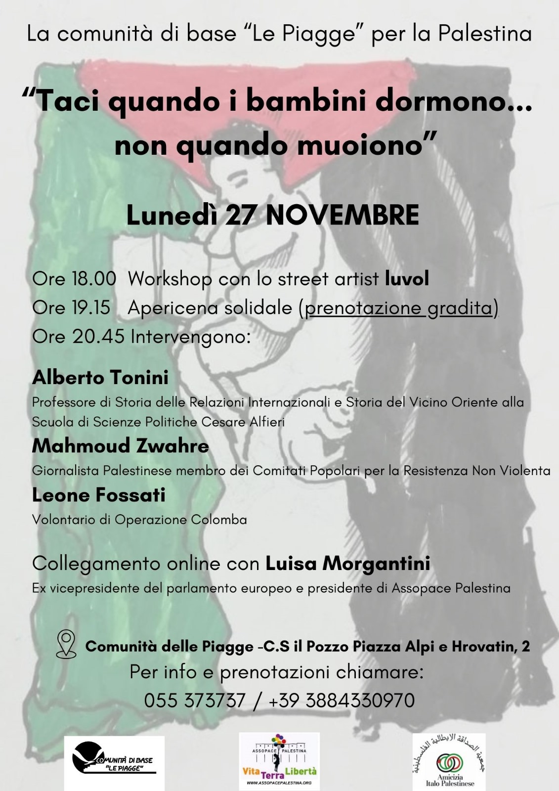 Palestina, lunedì 27 novembre alle Piagge l’iniziativa “Taci quando i bambini dormono… Non quando muoiono”